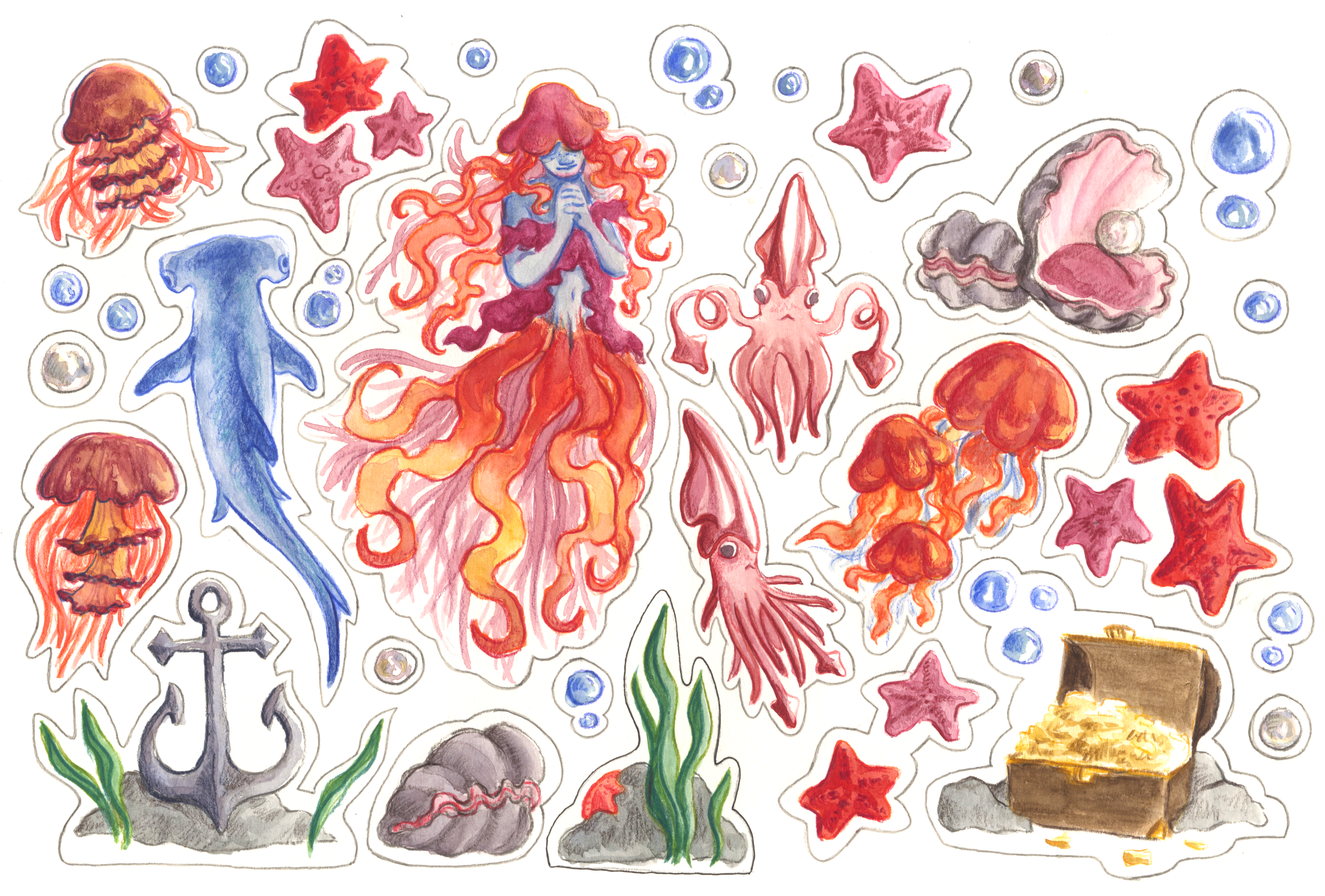 Ocean Creatures Sticker Sheet (2025) - Watercolor, colored pencil & digital formatting