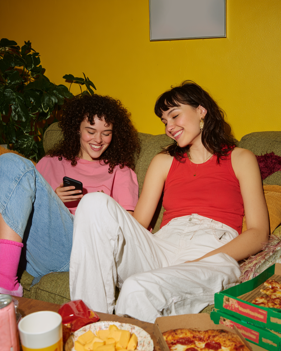 Two women relaxing on a couch laughing together, representing community, friendship, and restorative retreat experiences.