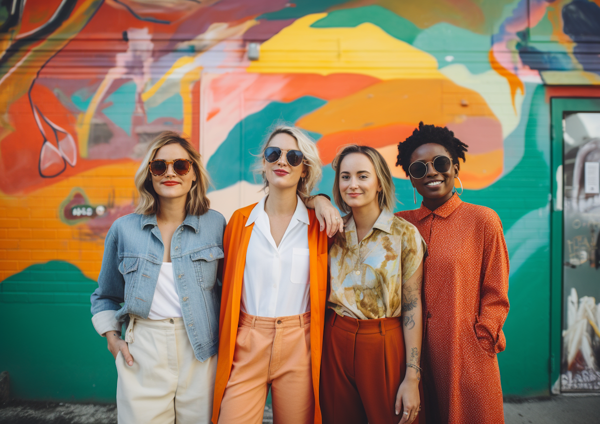Four women standing together smiling in front of a colorful mural, representing supportive community and shared empowerment.