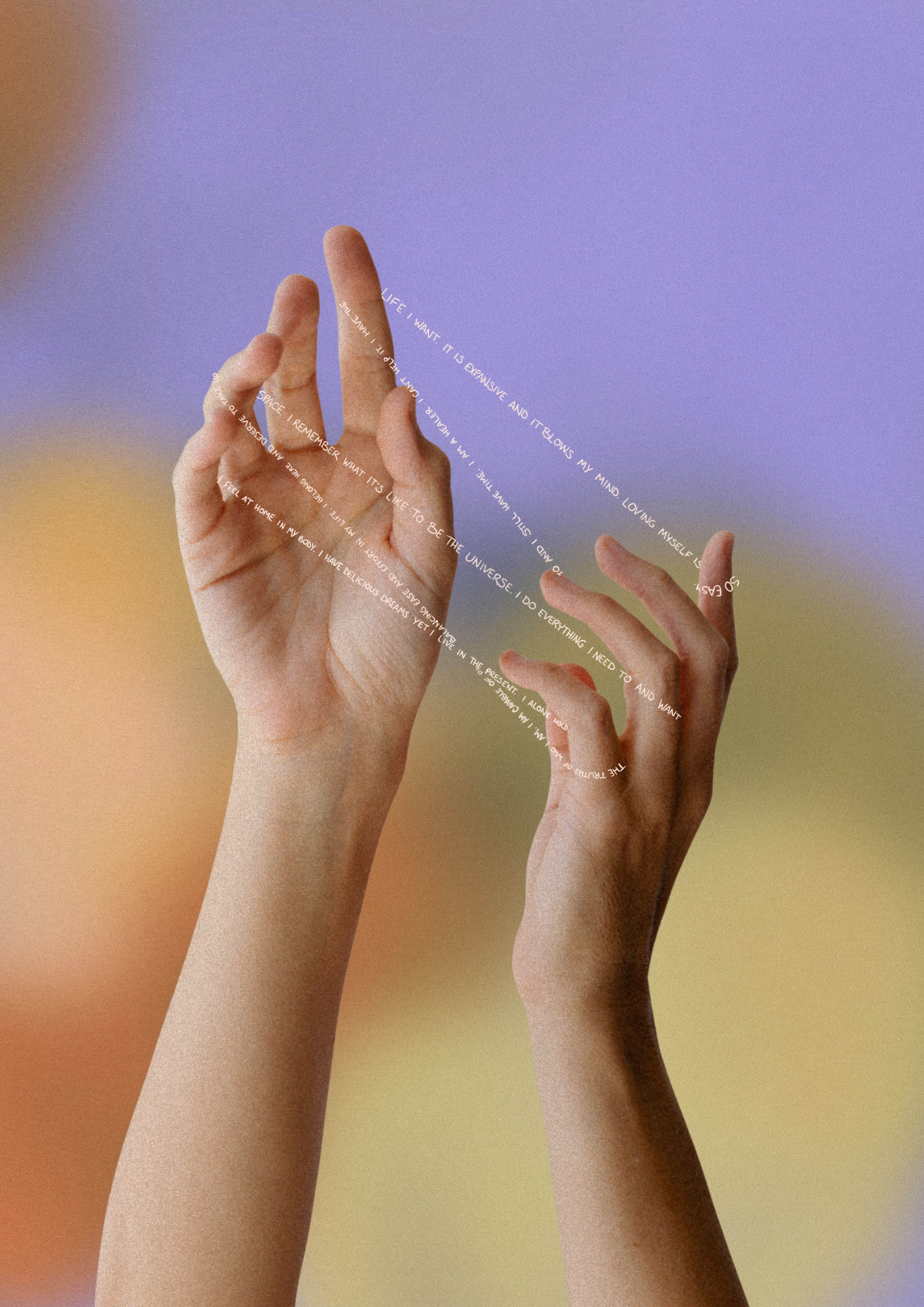 Two softly lit hands reaching toward floating text on a dreamy gradient background, symbolizing reflection and inner awareness.