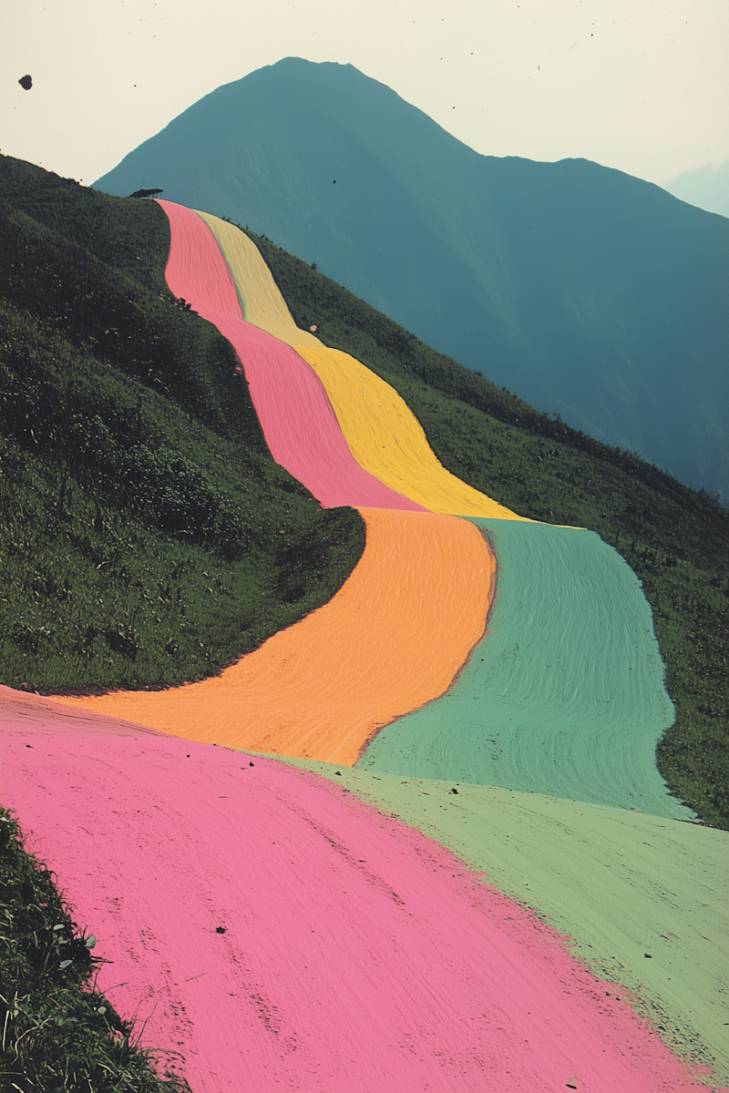 A vibrant winding path through a mountainous landscape painted in bright colors, symbolizing a creative journey and alternative path.