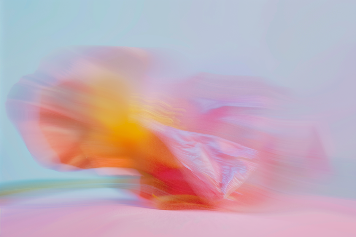Soft abstract pink and white flowers blurred into flowing motion, evoking calm, softness, and sensory rest.