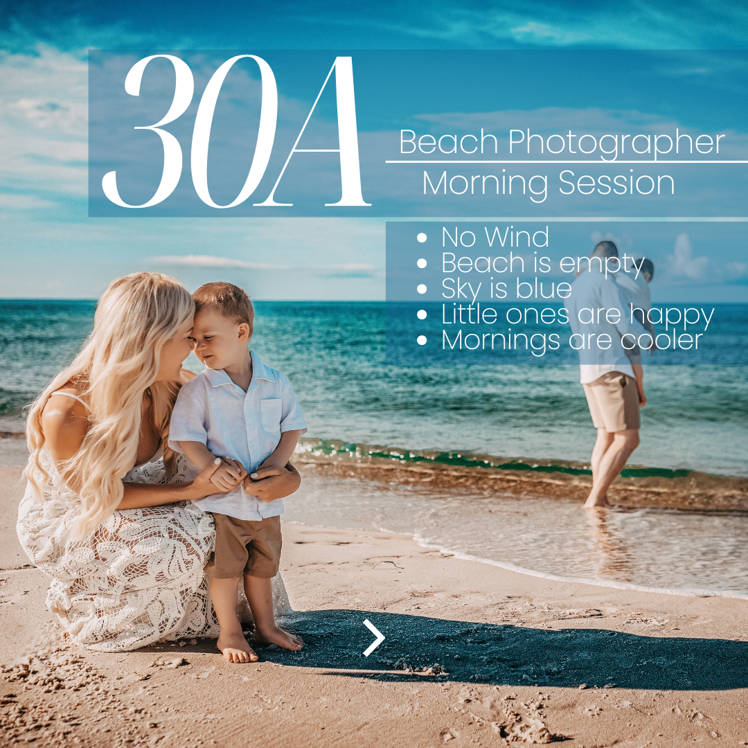 Mother in white lace dress kneeling on the shoreline with young song in white lined shirt during a morning family session at 30A Florida, Captured by 30A Beach Photographer Lisa Marie
