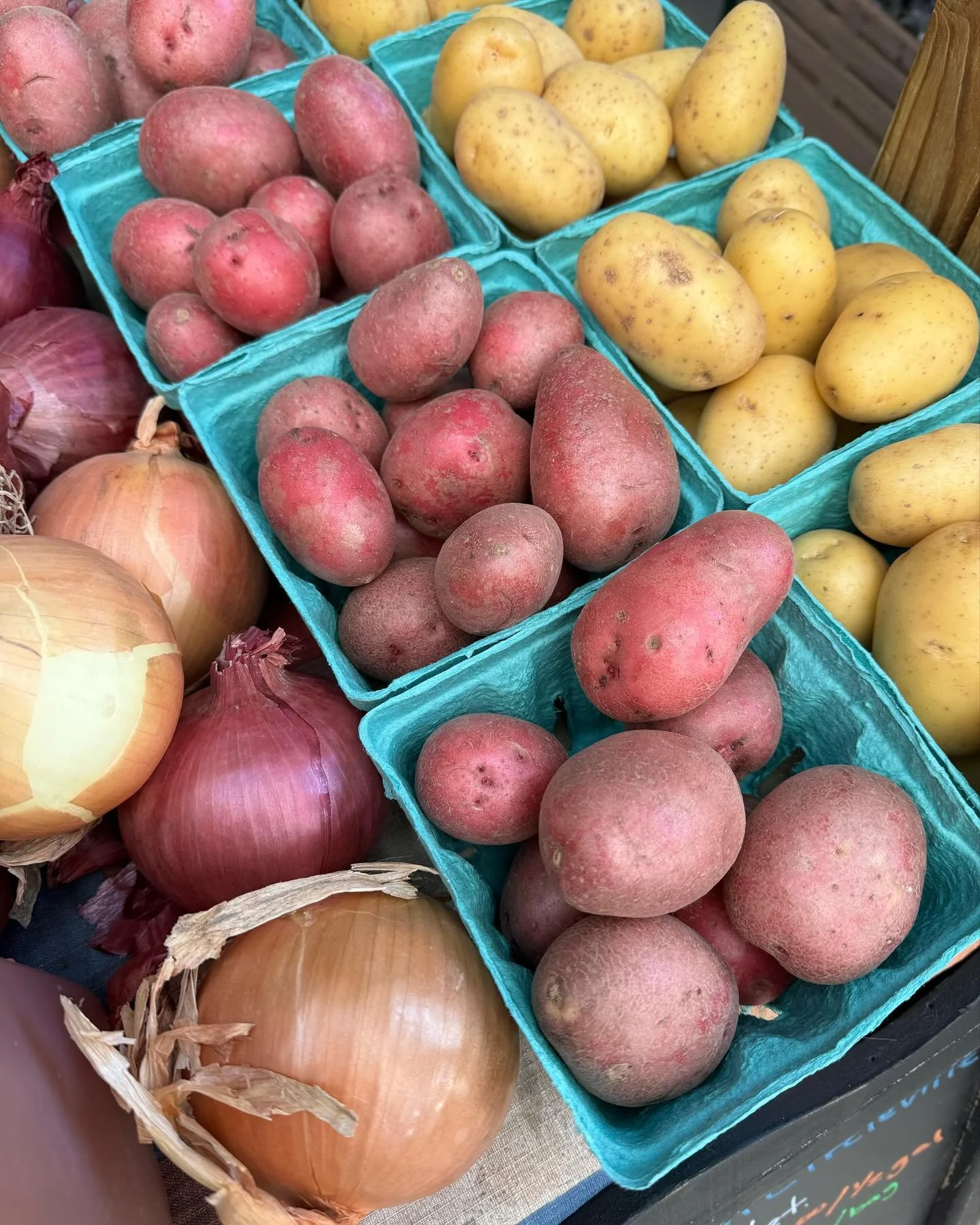 Baskets of onions and red and yellow potatoes on display at a market.
