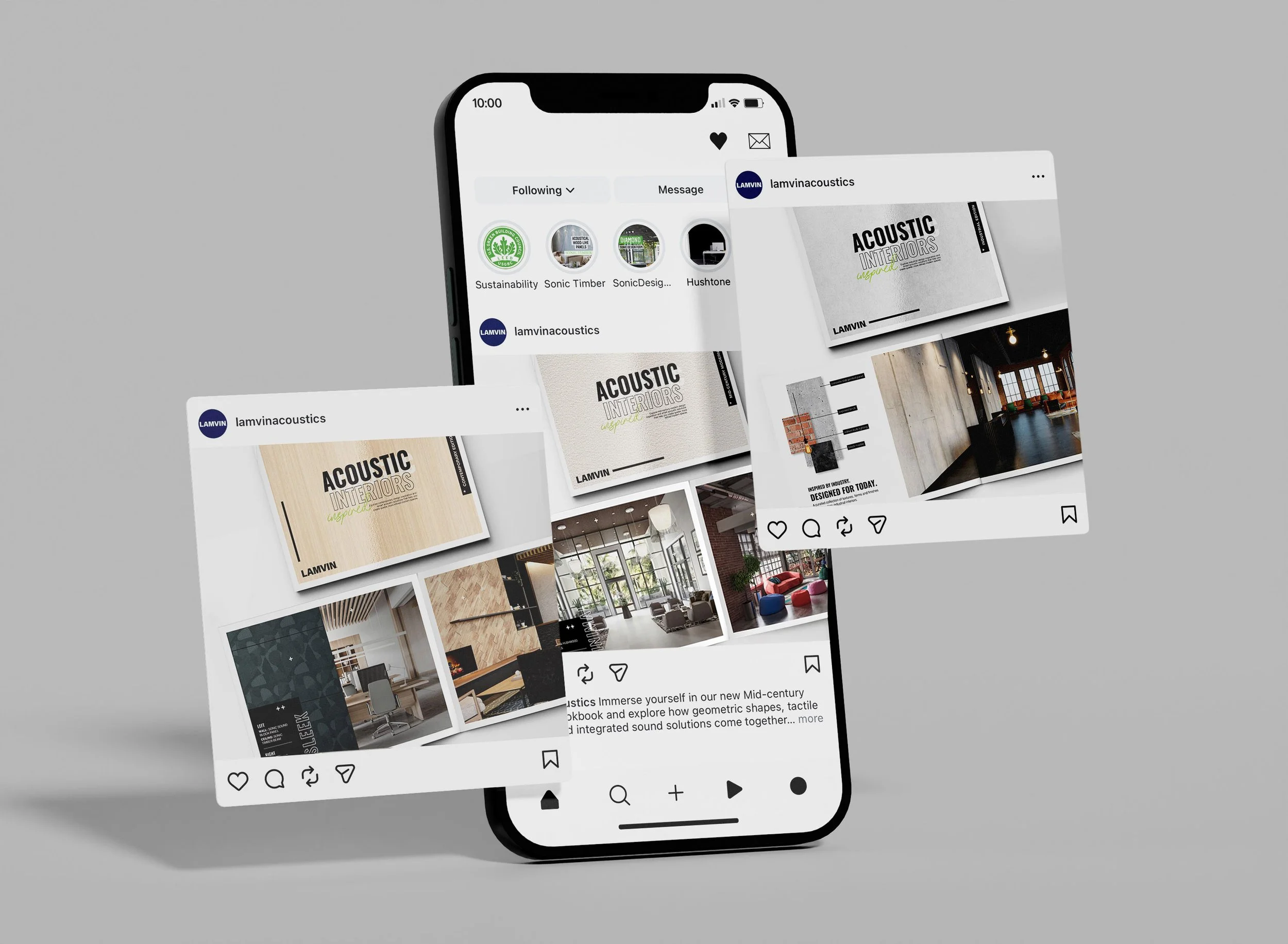 Smartphone displaying Instagram profiles and posts related to acoustic interior design, with overlapping post previews showing interior spaces and promotional graphics.