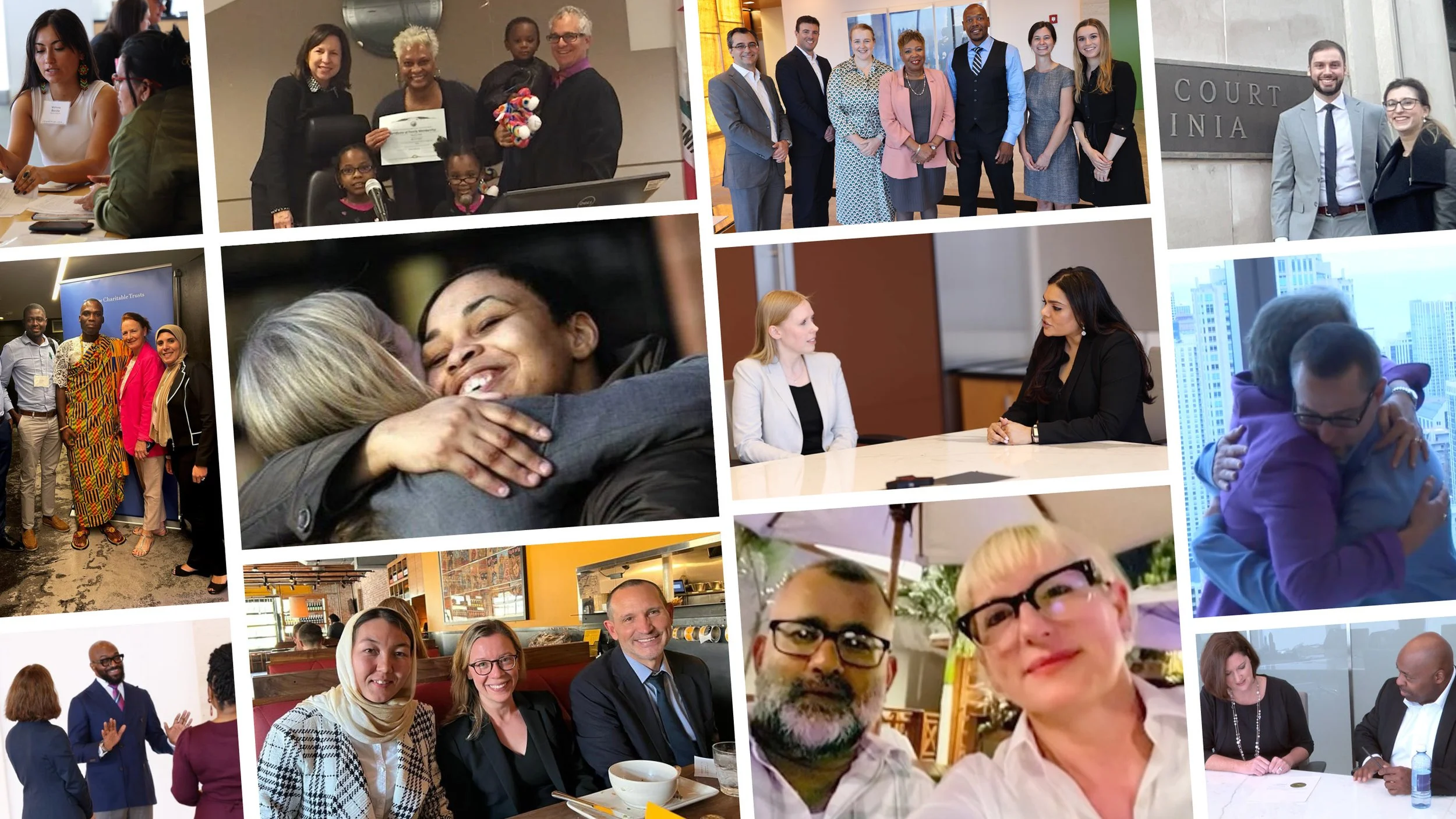 Collage of diverse people in professional and social settings, including meetings, group photos, hugging, and awards presentations.