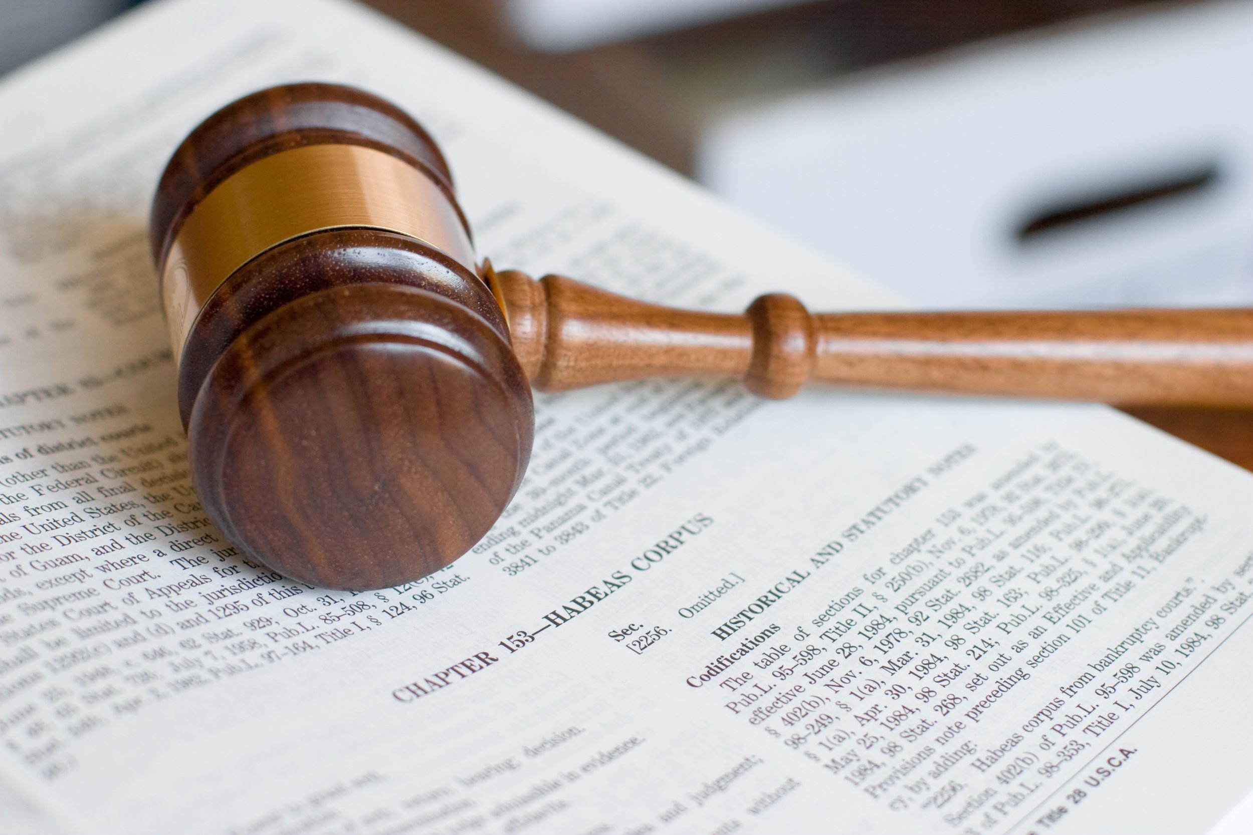 A judge's wooden gavel resting on open law book with legal text.