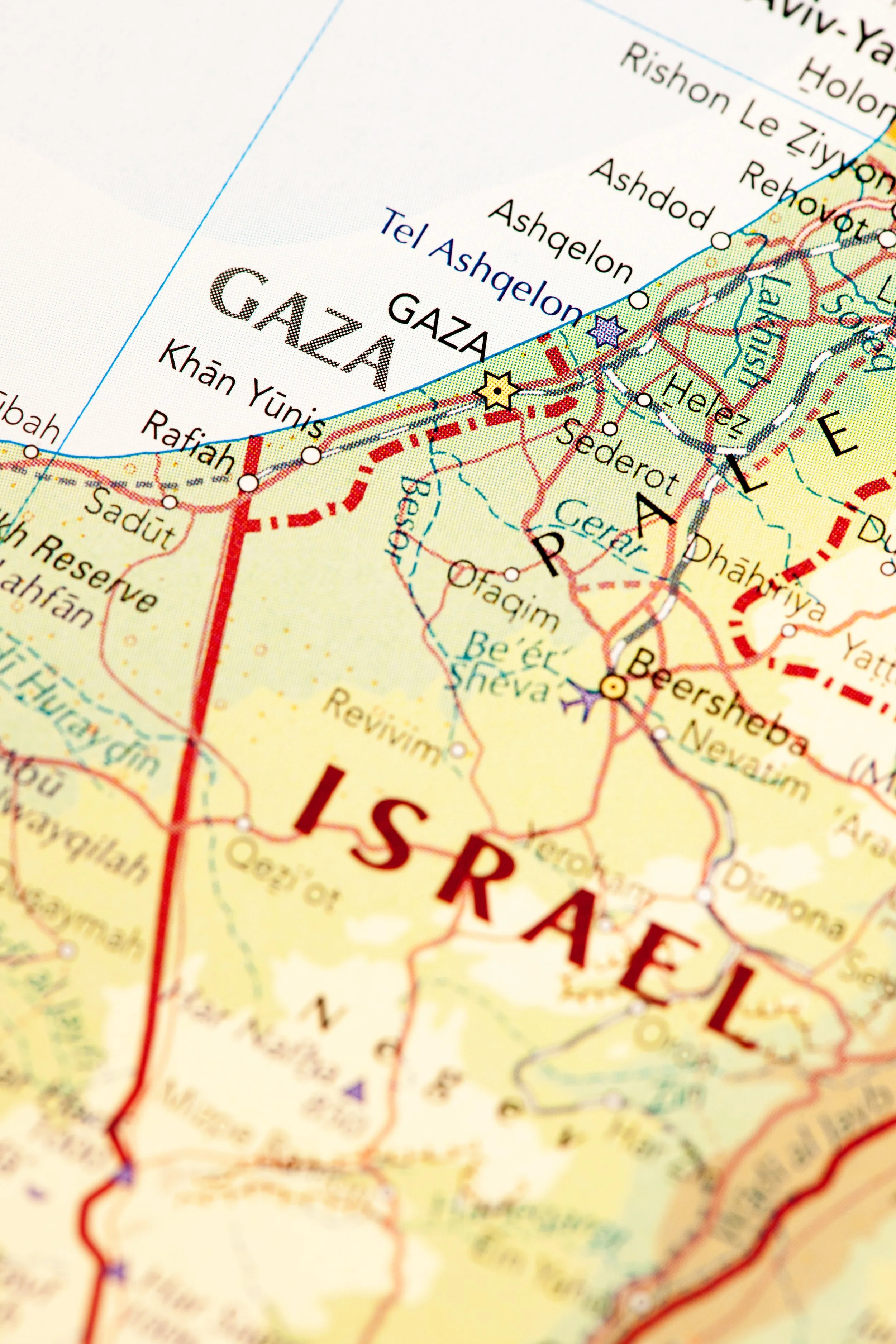 Close-up of a map showing Israel and Gaza, with city names and geographical features.