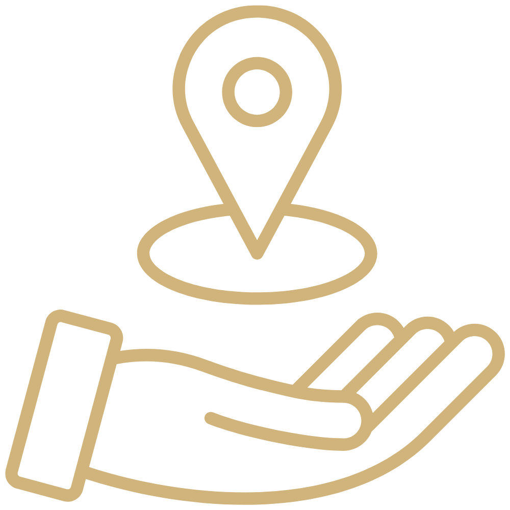 Icon of a hand holding a location pin representing on-site care with no travel needed