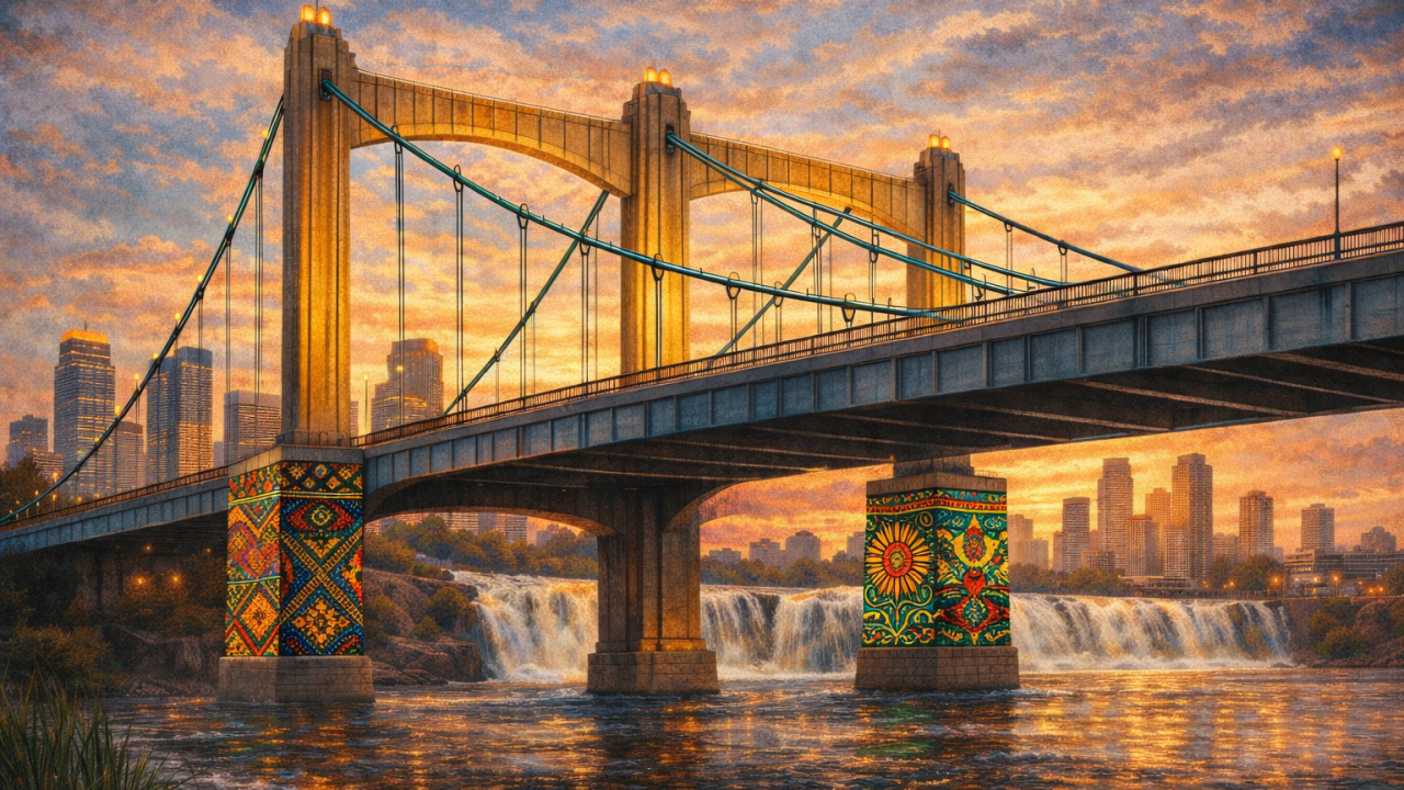 A city bridge at sunset with colorful mosaic designs on its supports, spanning over water with waterfalls and a city skyline in the background.
