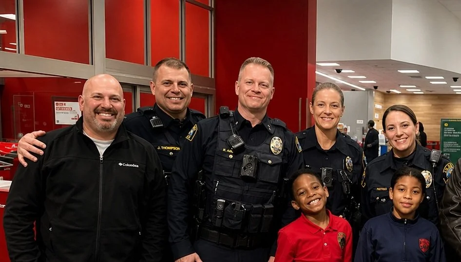 Five police officers and two young girls smiling at a public event.