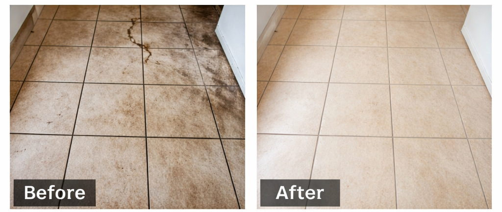 Side-by-side comparison of a tiled floor, showing before and after cleaning. The "Before" side shows stained, dirty tiles, while the "After" side shows clean, bright tiles.