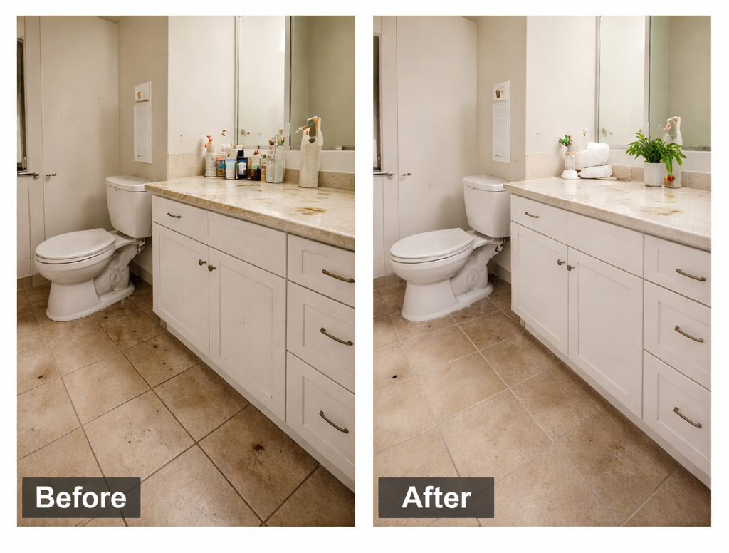 Comparison of bathroom before and after cleaning, showing a cleaner countertop and floor in the after image.