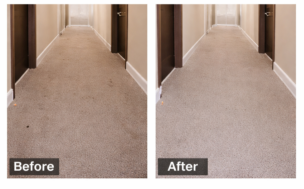 Side-by-side comparison of a hallway before and after cleaning, showing cleaner carpet and less dirt on the floor in the after image.