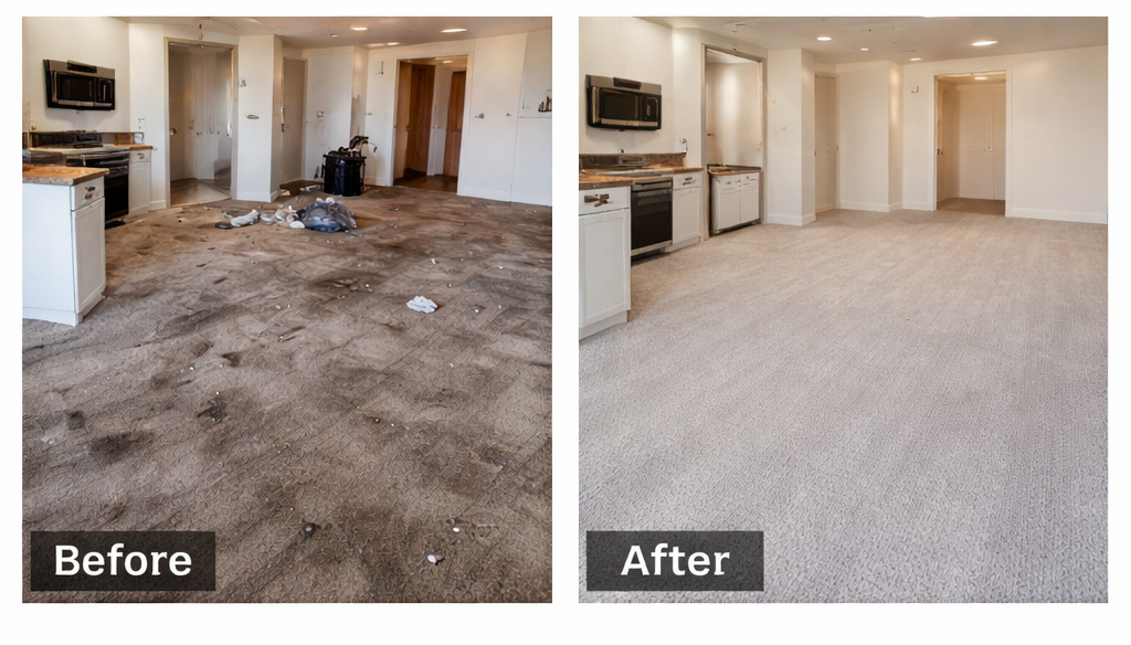 Side-by-side comparison of a kitchen and living area before and after cleaning and renovation. The 'Before' side shows a cluttered, dirty carpet with trash and debris. The 'After' side displays a clean, light-colored carpet with no clutter.