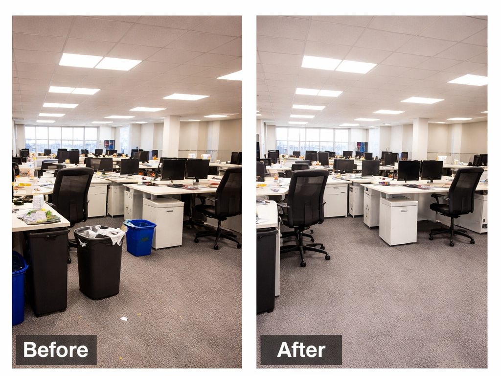 An office space with desks, chairs, and computers. The 'before' side shows cluttered mess with trash cans and scattered items, while the 'after' side is tidy with clean desks and organized workspace.