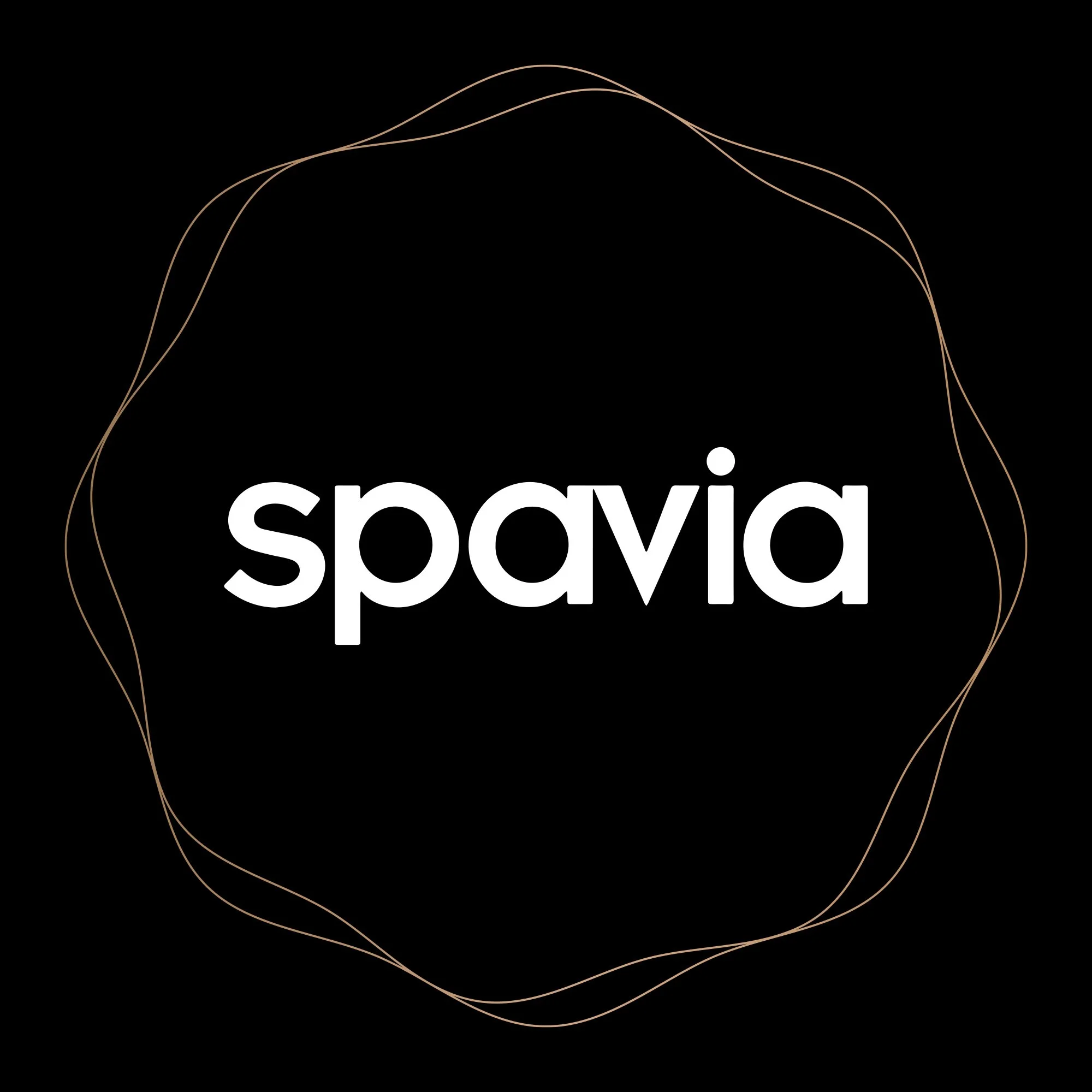 Spavia logo on a black background with wavy gold lines surrounding the text.