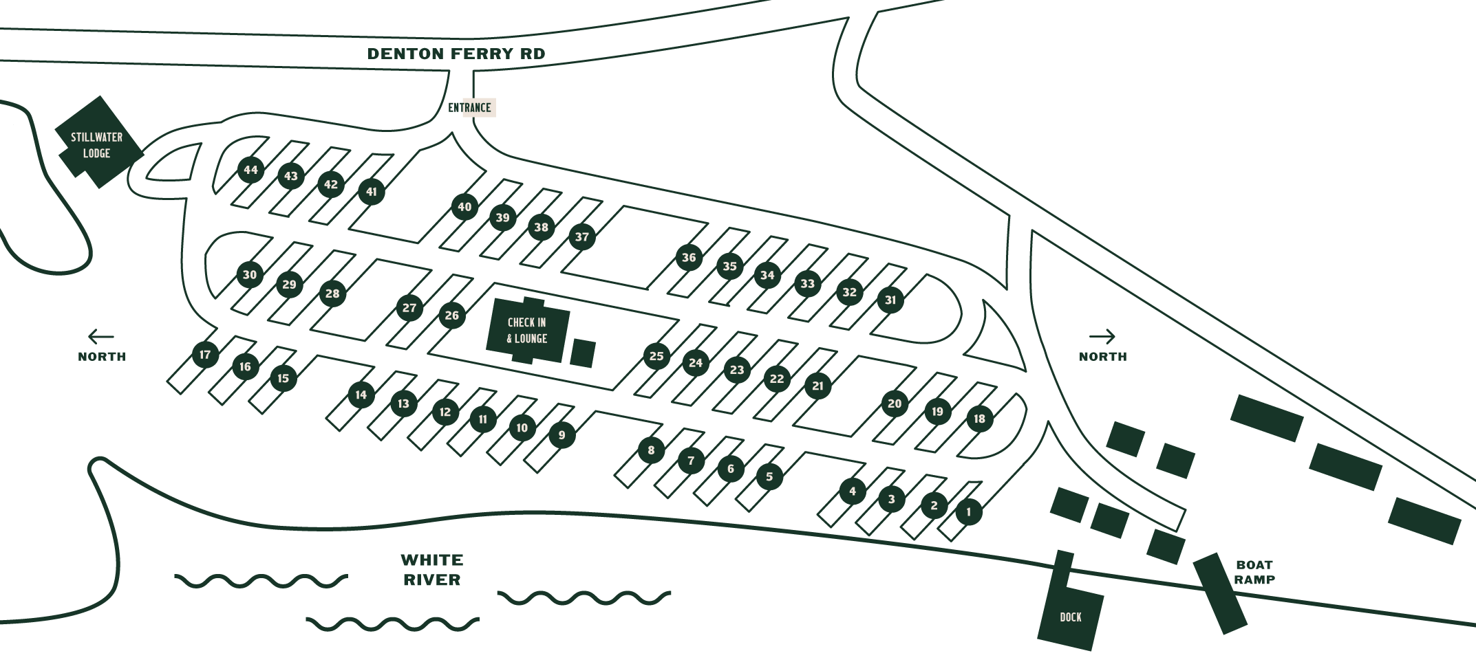 Map of a campground showing numbered camping sites, a lodge, check-in and lounge area, boat ramp, dock, and roads, with north directions indicated.