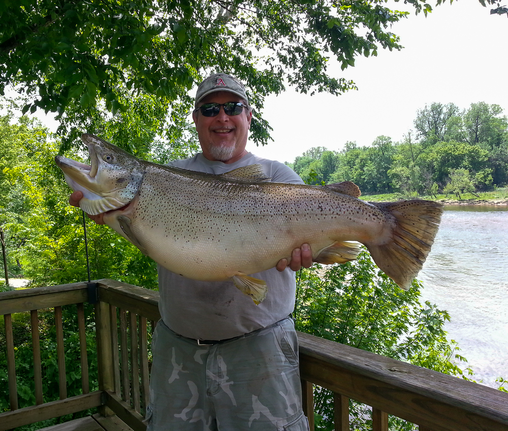 Man holding a large fish outdoors by a river with greenery and trees in the background