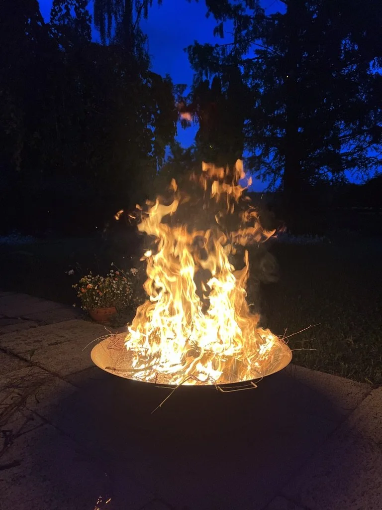 Ein Feuer im Freien brennt in einer flachen Schale, umgeben von einem Garten mit Blumen und Bäumen bei Nacht.