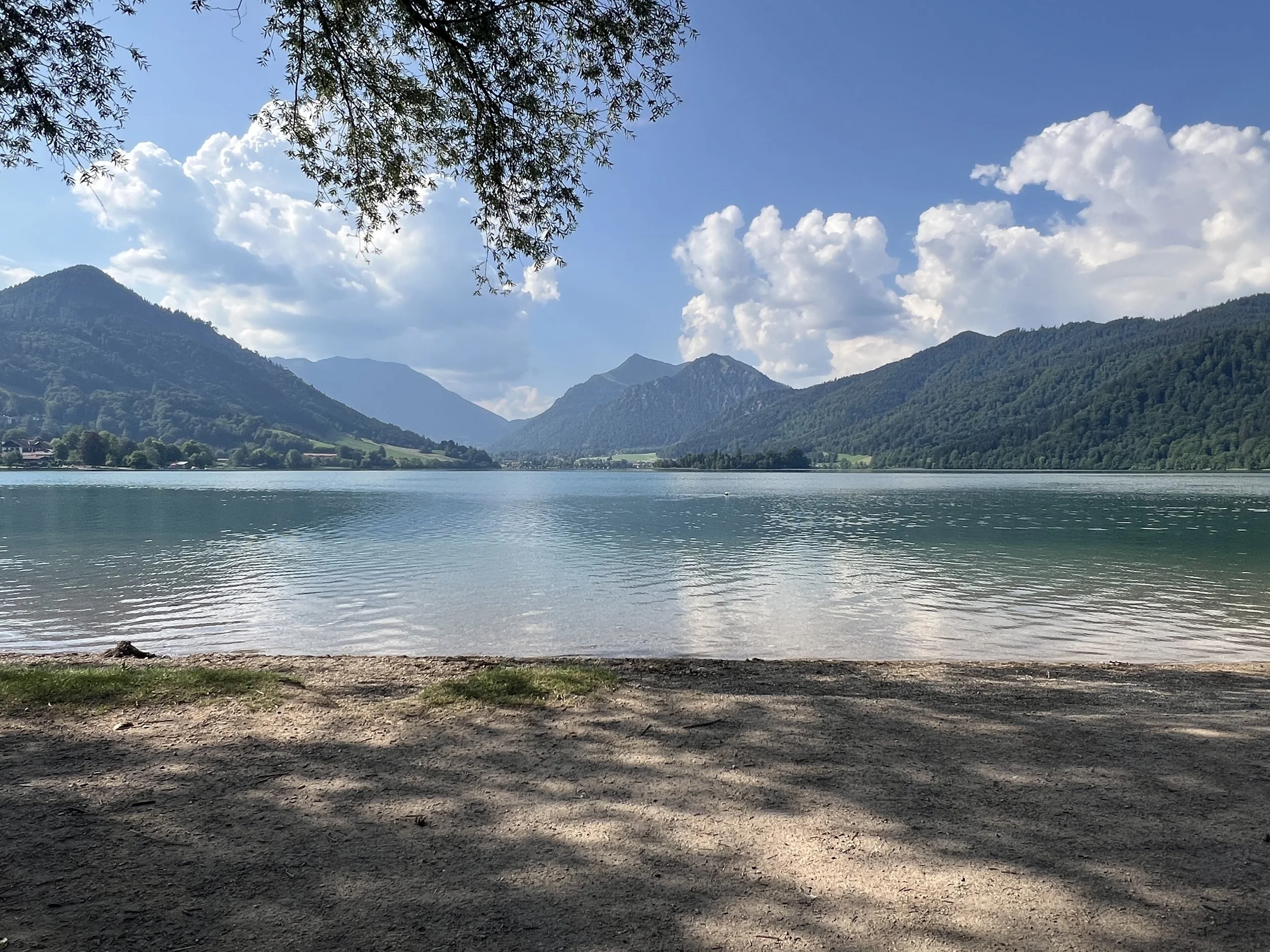 Blick auf einen See, umgeben von grünen Bergen, mit blauen Himmel und Wolken, im Vordergrund ein schattiger Uferabschnitt mit Erde und Blättern.