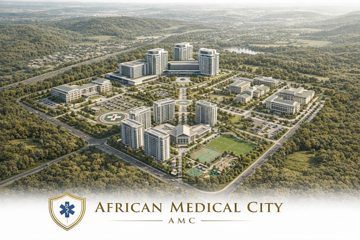 Aerial view of African Medical City, a large medical complex with multiple high-rise buildings, parking lots, green spaces, and sports facilities, surrounded by trees and landscape.
