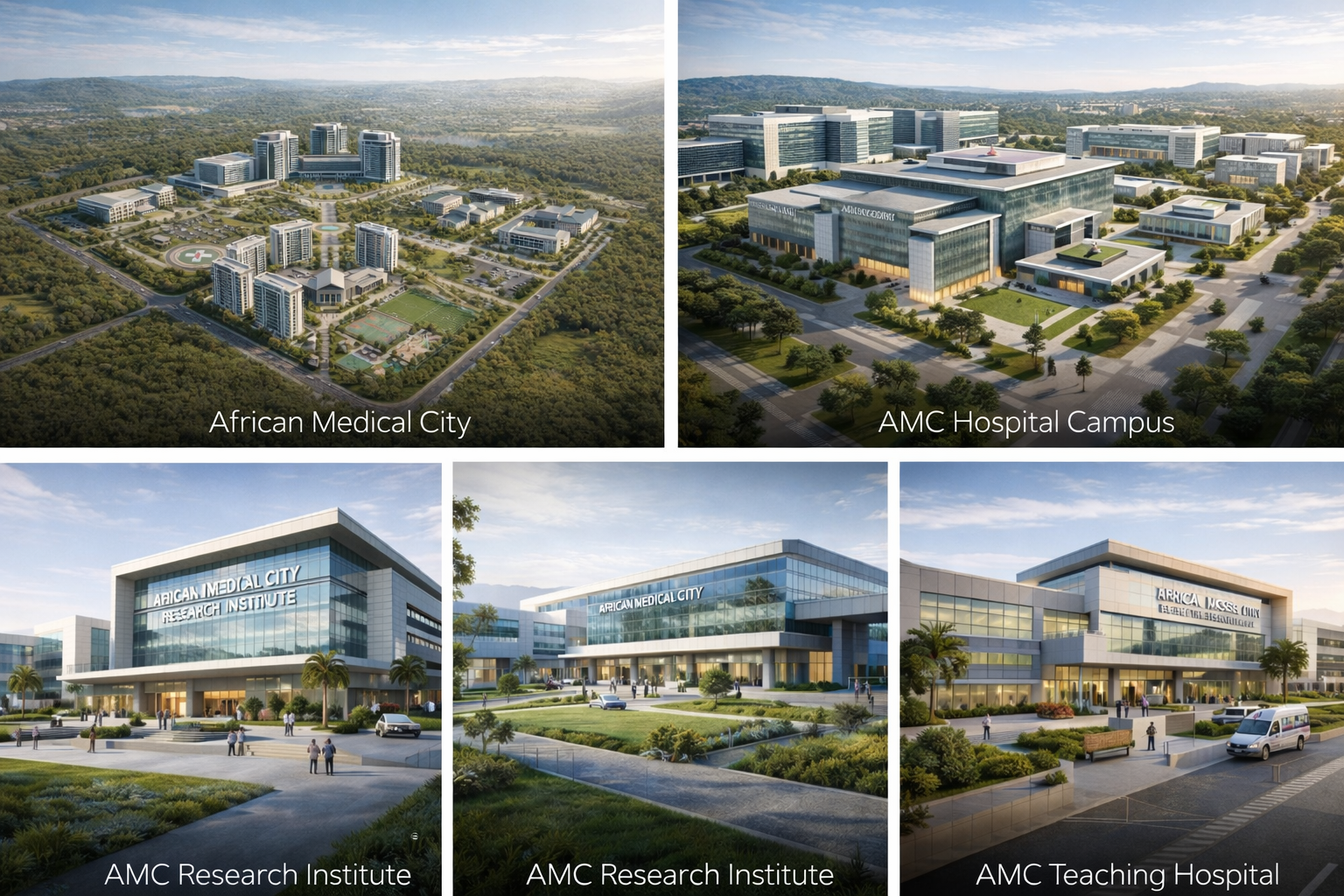 Collage of five images showing the development of African Medical City and AMC facilities. The top left shows the African Medical City aerial view with multiple buildings, green spaces, and roads. The top right shows the AMC Hospital Campus from a distance, featuring large modern glass buildings and trees. The bottom row displays three images: the AMC Research Institute with a large glass facade and surrounding palm trees, another view of the AMC Research Institute with a landscaped area, and the AMC Teaching Hospital with a similar modern glass exterior and people walking nearby.