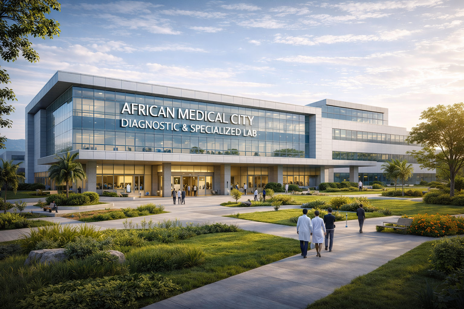 Modern hospital building labeled African Medical City Diagnostic & Specialized Lab, with a well-maintained green landscape, people walking and entering the hospital, and a clear sky.
