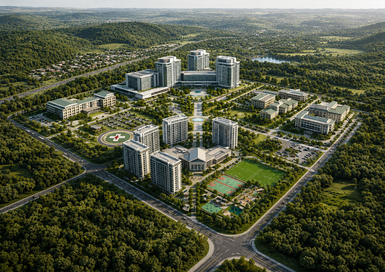 A large modern hospital complex with multiple high-rise buildings, surrounded by green trees, sports fields, parking lots, and roads, with hills and a lake in the background.