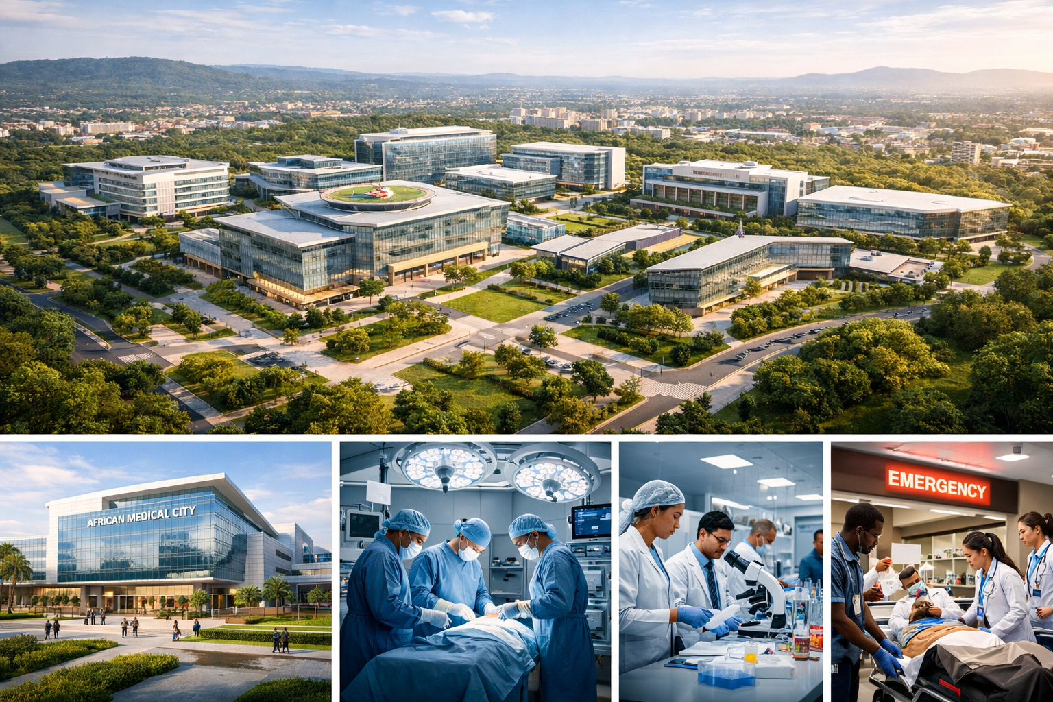 Aerial view of a modern medical campus with glass buildings, surrounded by greenery, with a hospital labeled African Medical City, doctors and medical staff performing surgery and patient care inside a hospital, and an emergency room with healthcare professionals attending to a patient.