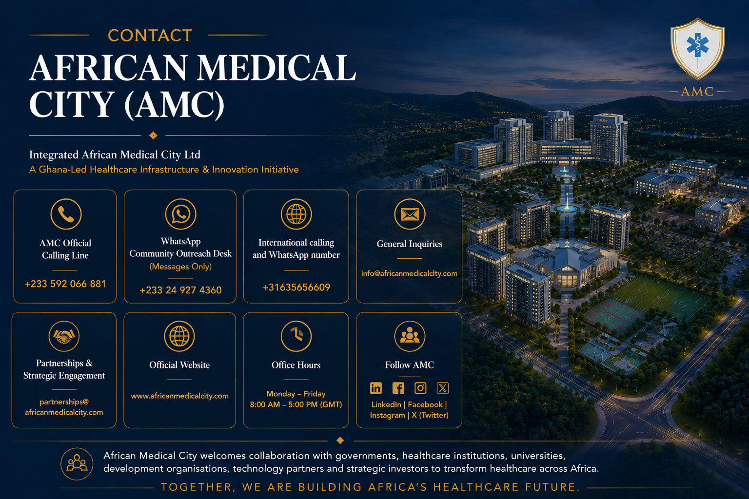 Information board for African Medical City (AMC) with contact details, office hours, and social media links, set against an aerial night view of the city campus.