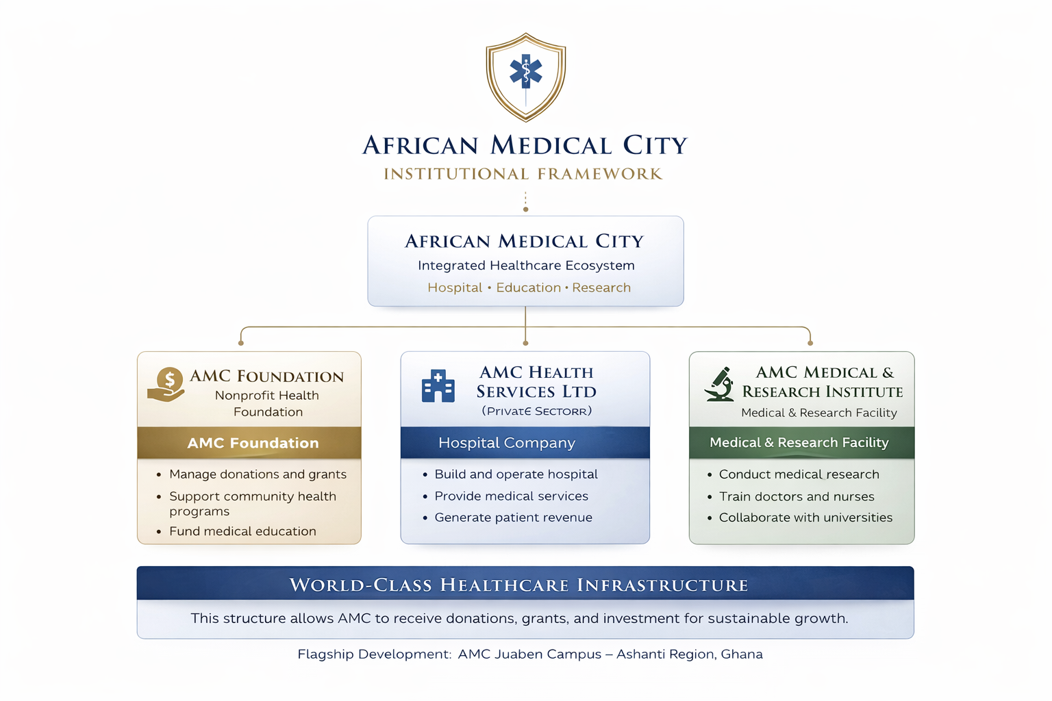 Diagram of African Medical City's institutional framework, including nonprofit health foundation, hospital company, and medical research institute, with supporting text and a blue banner labeled 'World-Class Healthcare Infrastructure'
