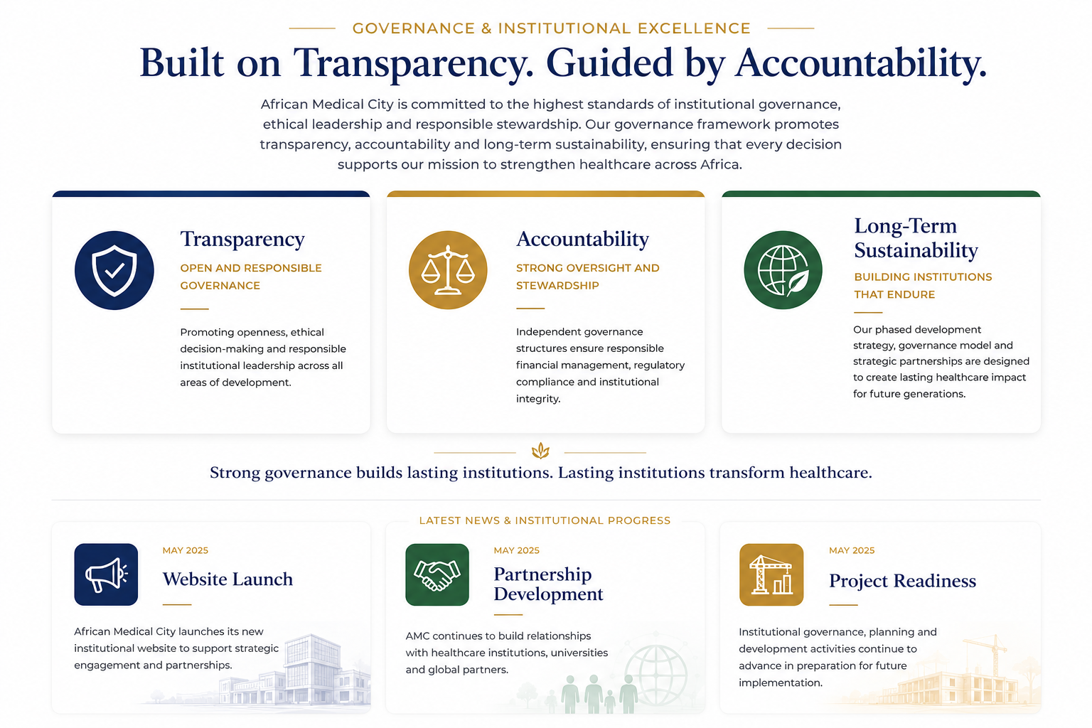 A webpage with the title 'Built on Transparency. Guided by Accountability.' emphasizing governance and institutional excellence at African Medical City, with sections on transparency, accountability, long-term sustainability, news updates, and institutional progress.