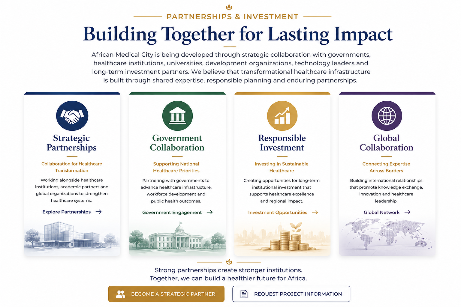 A webpage titled 'Building Together for Lasting Impact' with sections on strategic partnerships, government collaboration, responsible investment, and global collaboration, involving healthcare infrastructure in Africa.