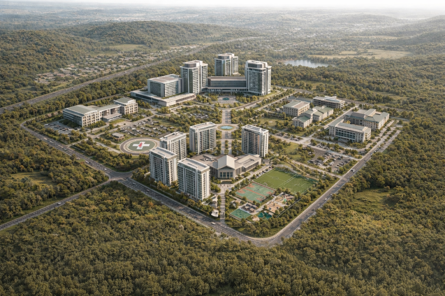 A large hospital complex with multiple buildings, parking lots, sports fields, and surrounded by trees.