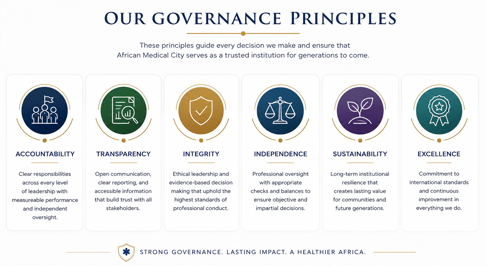 Infographic titled 'Our Governance Principles' with icons and descriptions for Accountability, Transparency, Integrity, Independence, Sustainability, and Excellence.