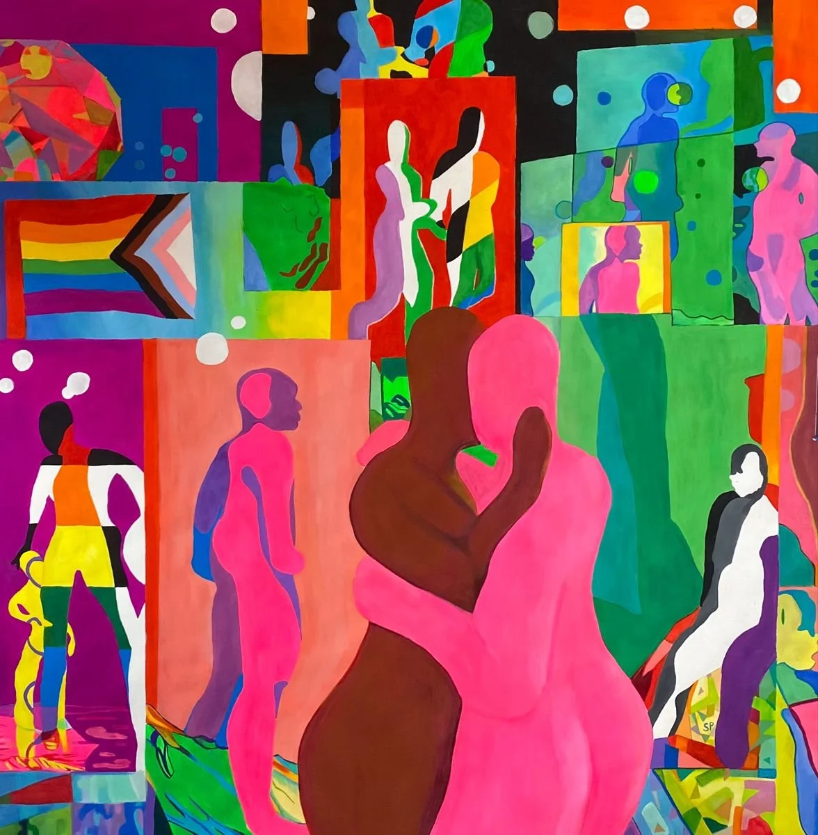 Vibrant painting of diverse figures embracing and moving through a colorful world filled with pride flags and abstract forms, celebrating LGBTQ+ identity and community