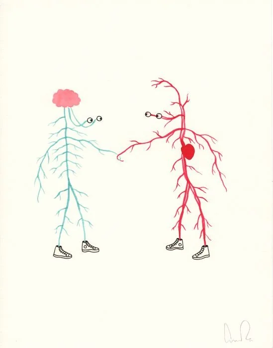 Whimsical illustration of a brain and a heart as stick figures shaking hands, representing the connection between mind and body in trauma-informed therapy