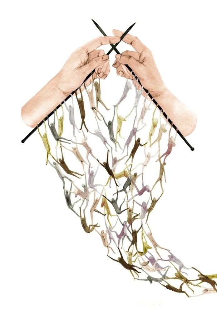Watercolor illustration of hands knitting a fabric made of small human figures, representing the unraveling and reconstruction of belief and identity during religious deconstruction