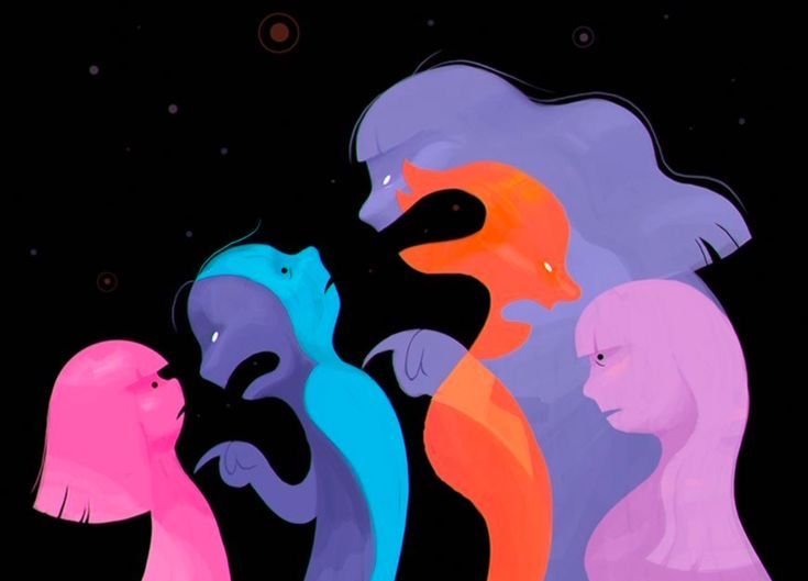 Digital illustration of layered glowing figures in pink, blue, and orange against a dark background, representing the inner parts and protective layers formed through childhood trauma