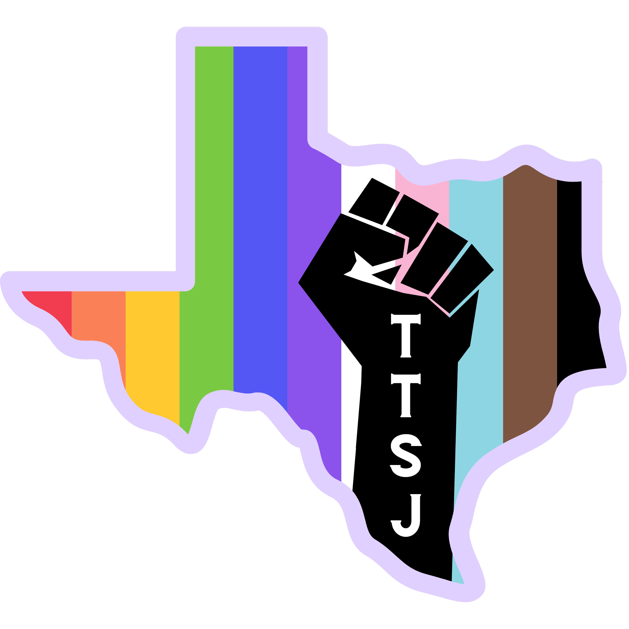 Logo for Texas Therapists for Social Justice featuring the state of Texas filled with a rainbow pride flag and a raised fist