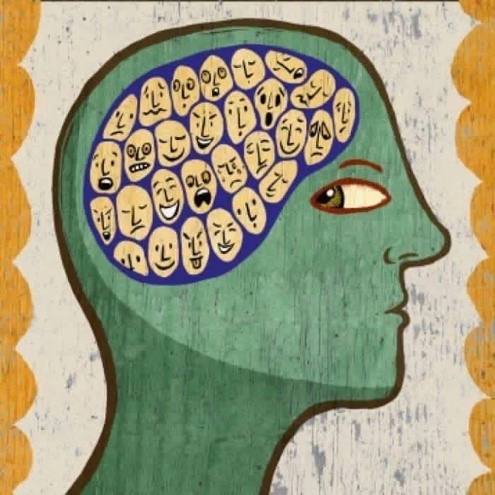 Illustration of a side profile of a head with many small expressive faces inside the brain, representing Internal Family Systems parts work.