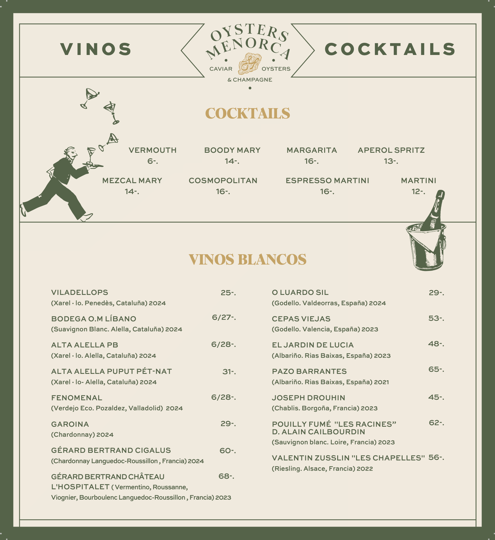 Menu from Oysters Menorca featuring sections for wines and cocktails, with a list of specific wines and spirits with prices, and decorative illustrations of a bartender and a bucket of champagne.