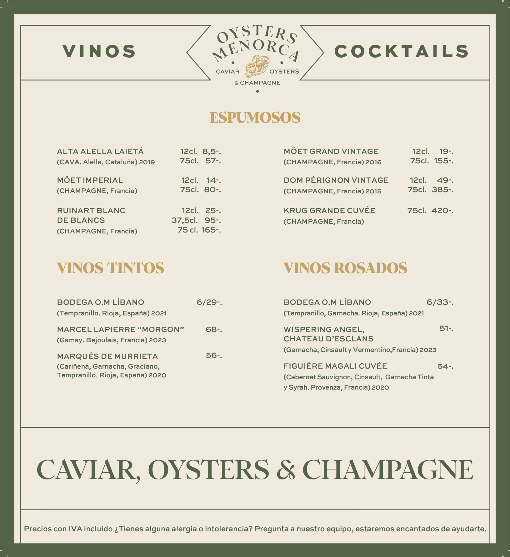 Menu offering oysters, cocktails, wine, and champagne, with sections for Espumosos, Vinos Tintos, and Vinos Rosados, including descriptions and prices.