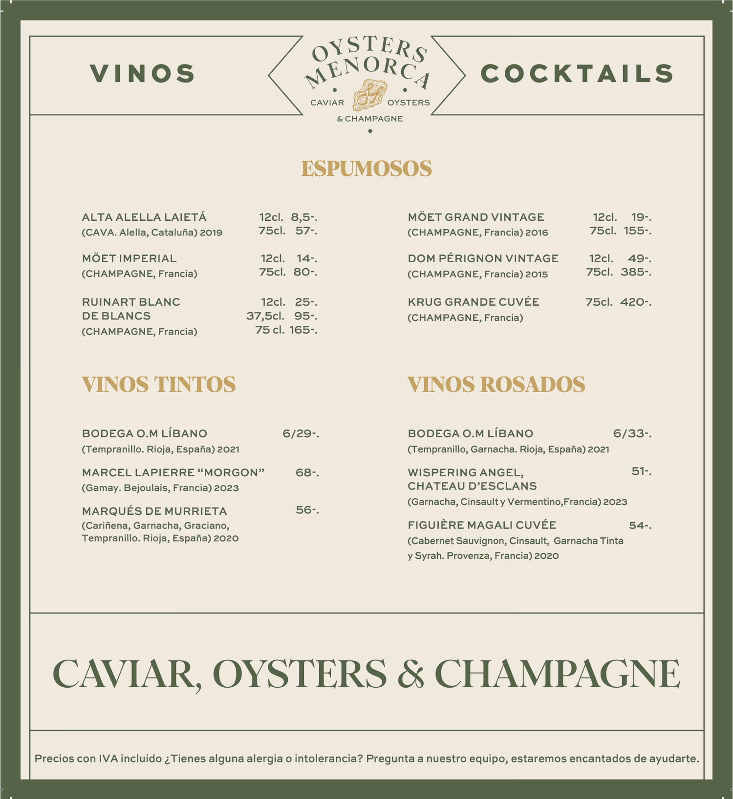 Oysters Menorca Menu Drinks