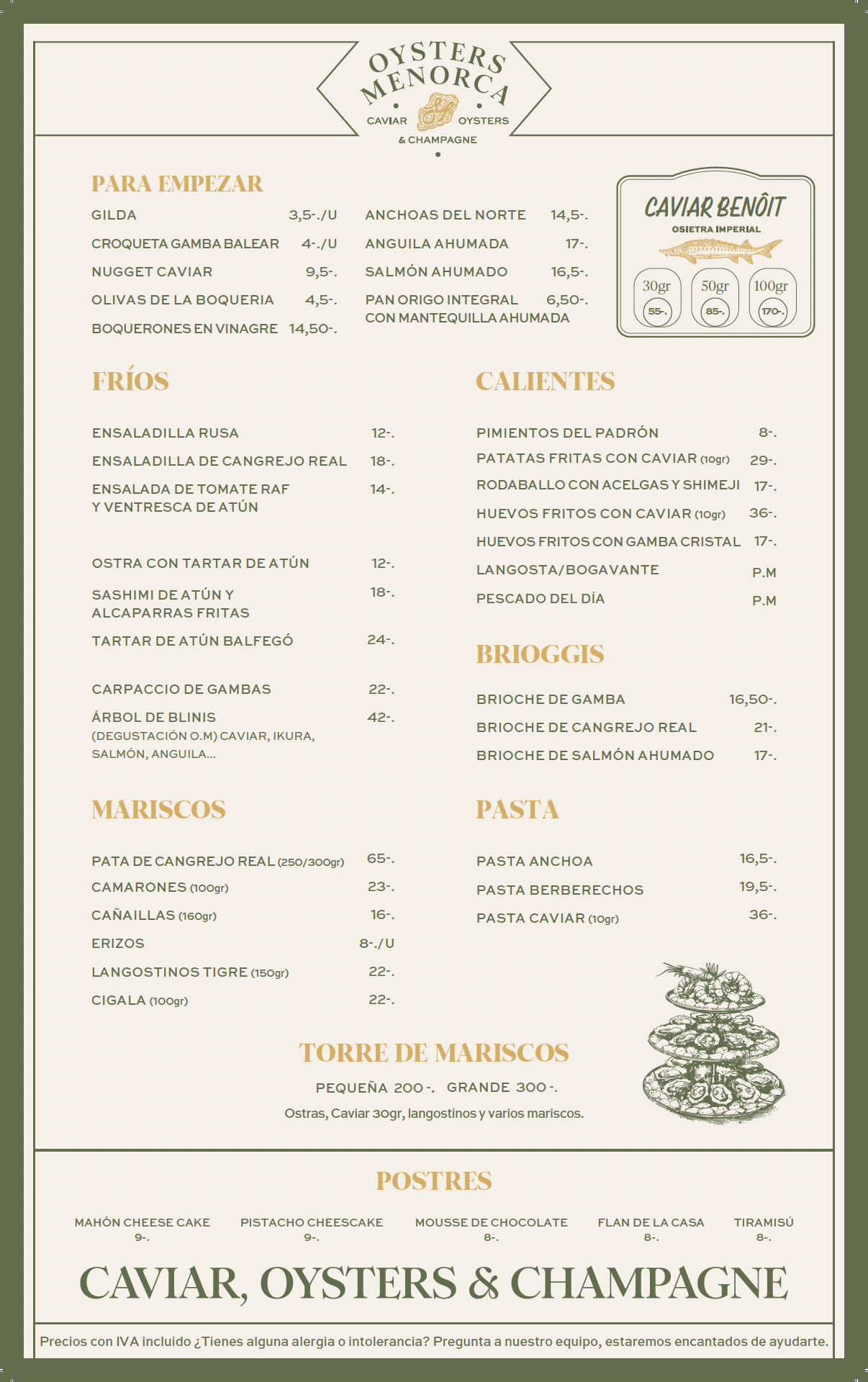 Menu featuring oysters, caviar, and champagne, divided into sections for starters, cold dishes, hot dishes, wow dishes, pasta, seafood, and desserts, with prices listed for each item.