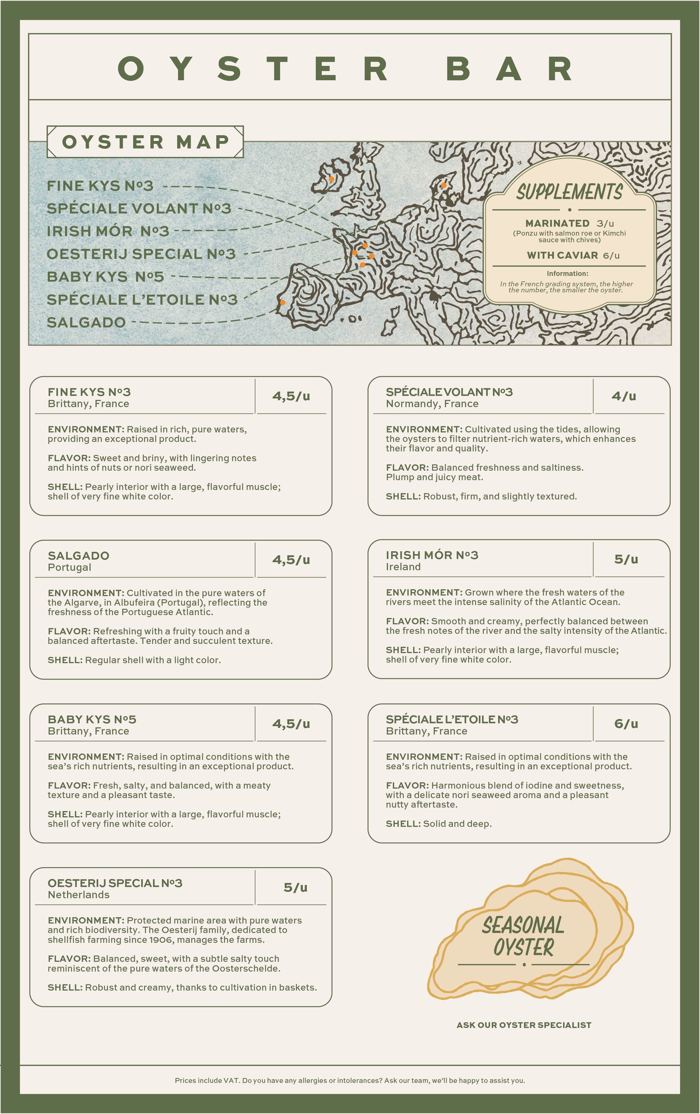 Map of oysters for sale at an oyster bar, with descriptions of different types and regions, and a drawing of a seasonal oyster.