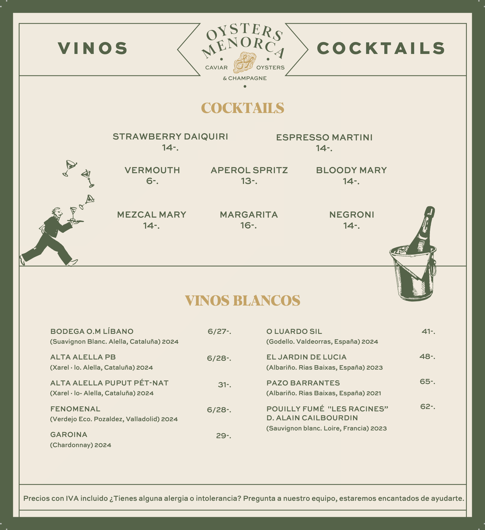Menu from Oysters Menorca restaurant featuring sections for cocktails and white wines with illustrations of a waiter juggling glasses and a bucket with a bottle.