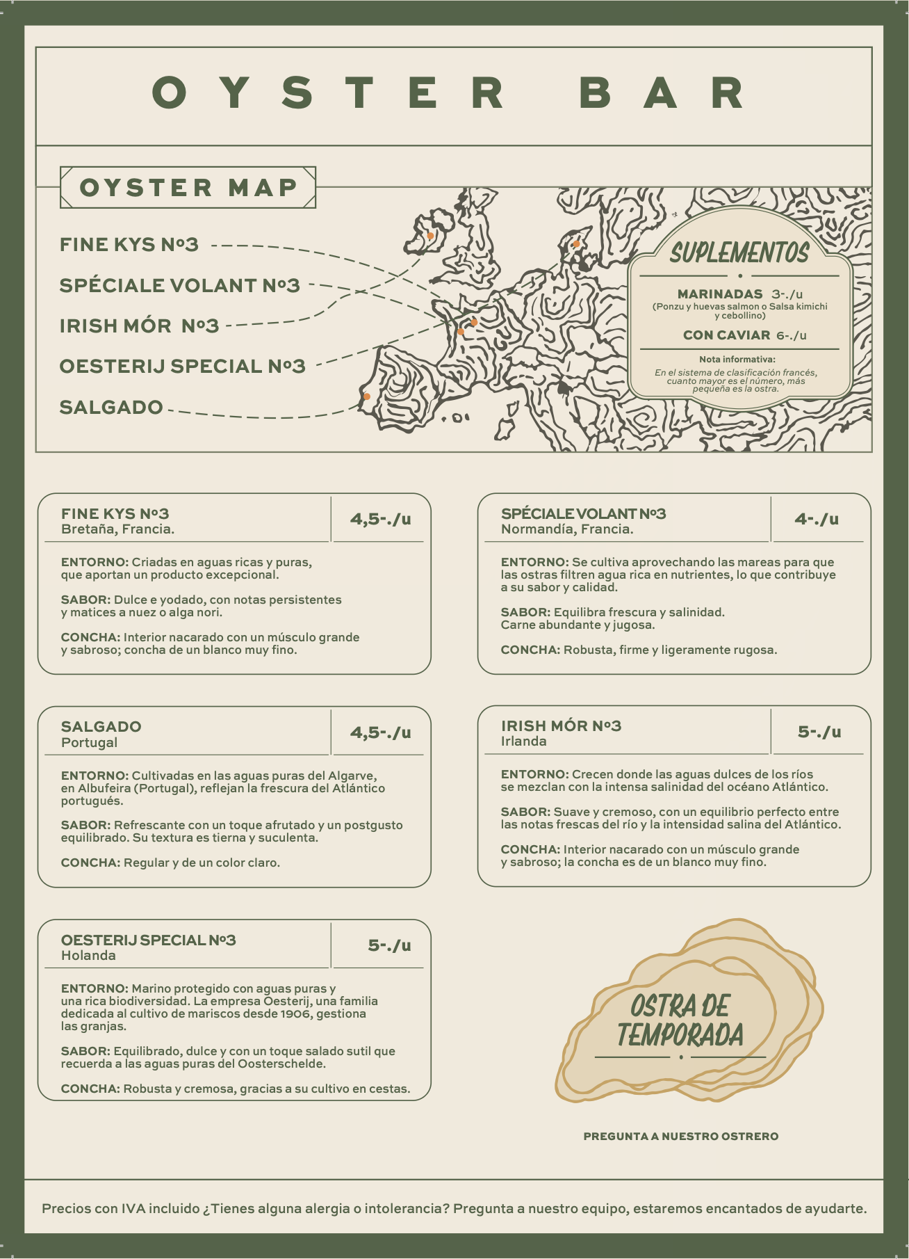 A menu for an oyster bar featuring an oyster map of Europe and descriptions of different types of oysters, including Fine Kys No3 from France, Salgado from Portugal, Spéciale Volant No3 from France, Irish Mór No3 from Ireland, and Oesterij Special No