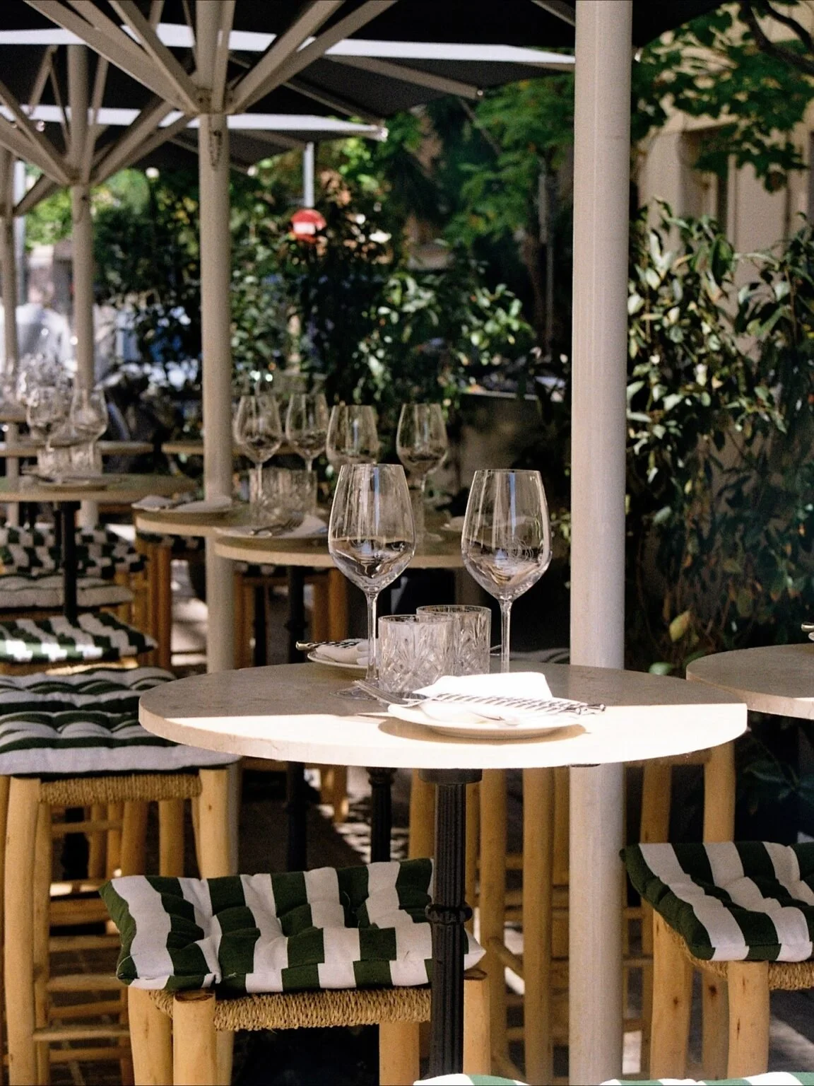 Empty outdoor restaurant table set with wine glasses, a water glass, white plates, and utensils under an umbrella, surrounded by wooden chairs with striped cushions and green foliage in the background.